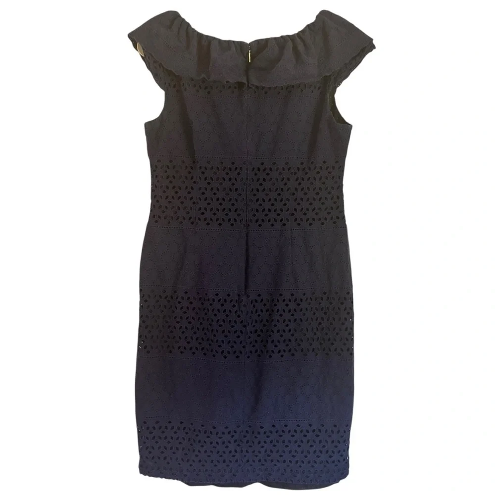 Karl Lagerfeld Paris Navy Off-Shoulder Eyelet Dress SZ 12 Ruffle Neck Cotton Mid - Picture 5 of 8